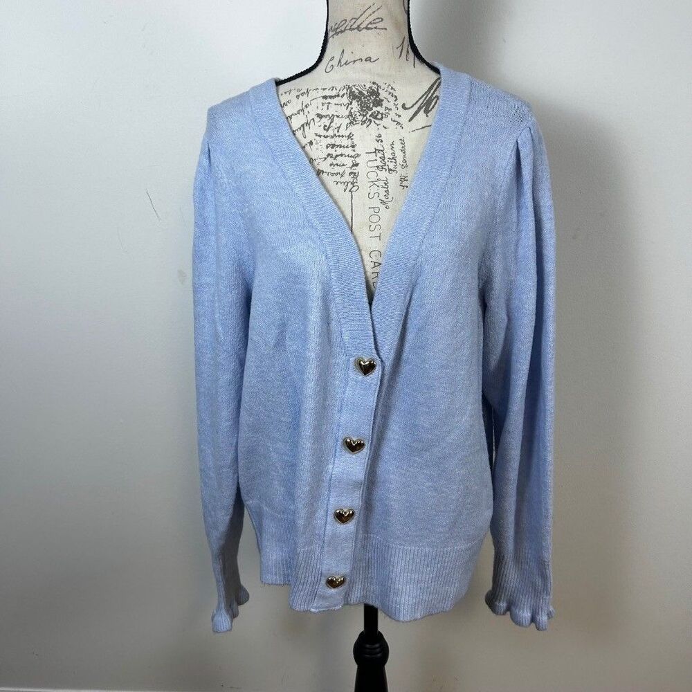Crown & Ivy Cardigan Sweater Womens XL Blue V-Neck Gold Heart Buttons Ruffle